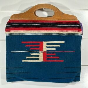 Vtg 1940s Granscraft Chimayo Wool Blanket Bag Wood Handles Santa Fe Hand Woven